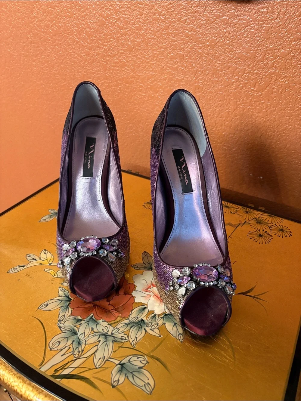 Nina Pink and Gold Sequin Peep-Toe Heels with Crystal Accent
